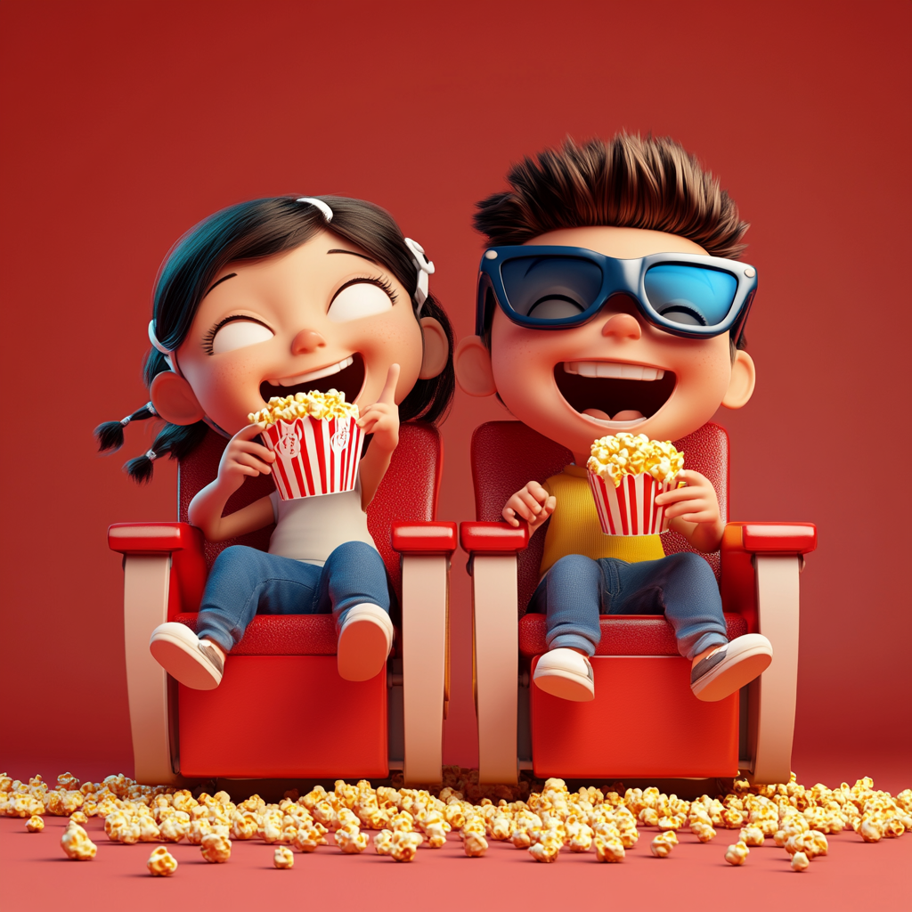 Kids having fun in cinema with popcorn.