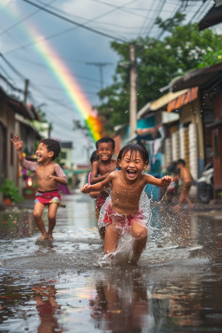 Kids having fun playing in rain with rainbow.