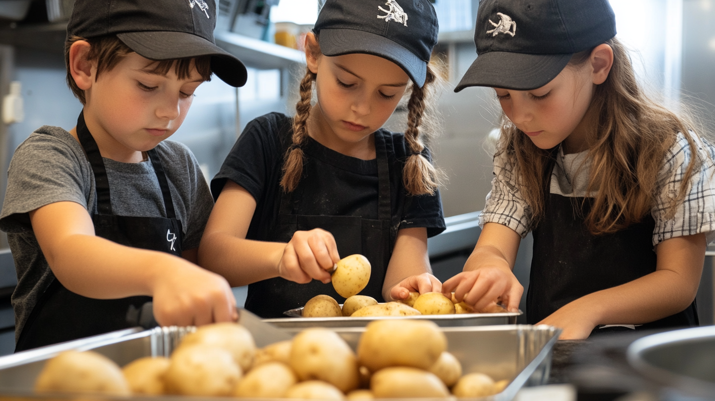 Kids in aprons and caps peeling potatoes in school.