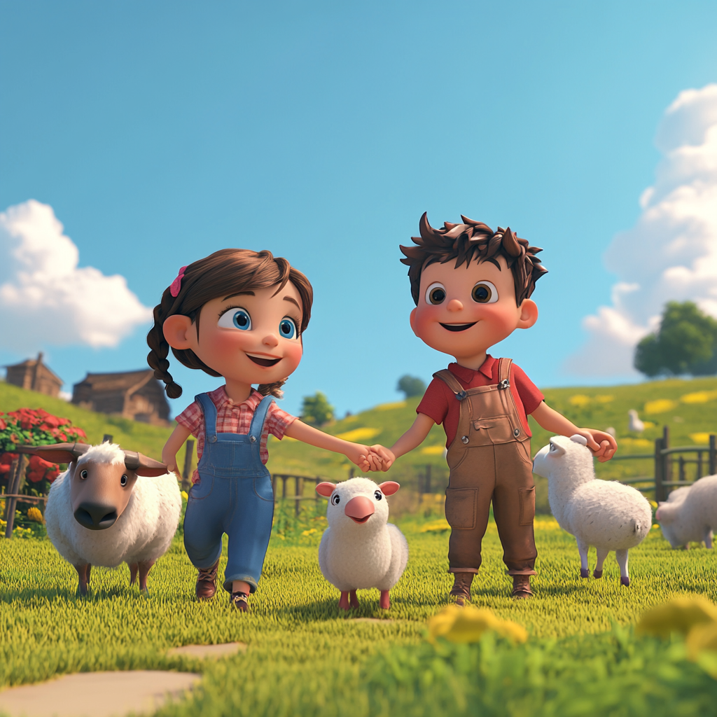 Kids in farm with animals, animated fun.