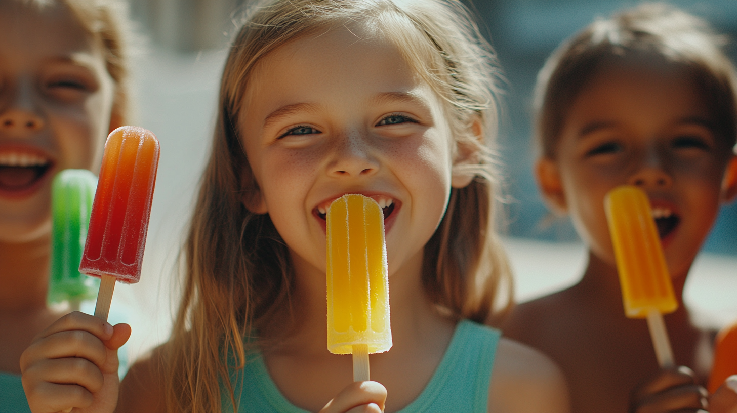 Kids of different races enjoying colorful ice lollies.