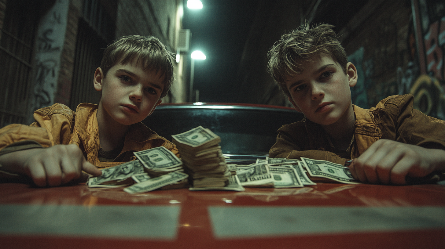 Kids play jacks with cash and cigarettes on car.