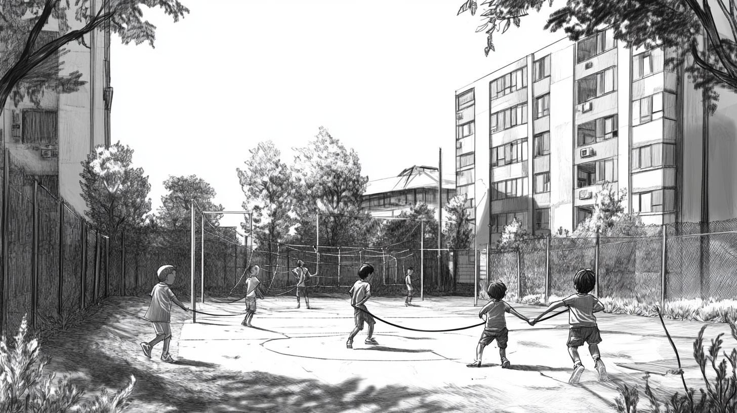 Storyboard Illustration of Kids playing in city backdrop