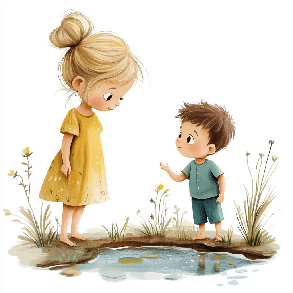 Kids talking by river in cartoony spring setting 