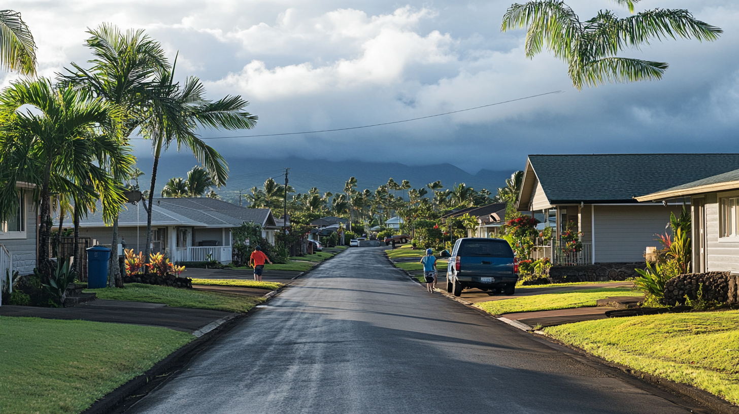 Kids walking home in Hawaiian neighborhood, cinematic perspective