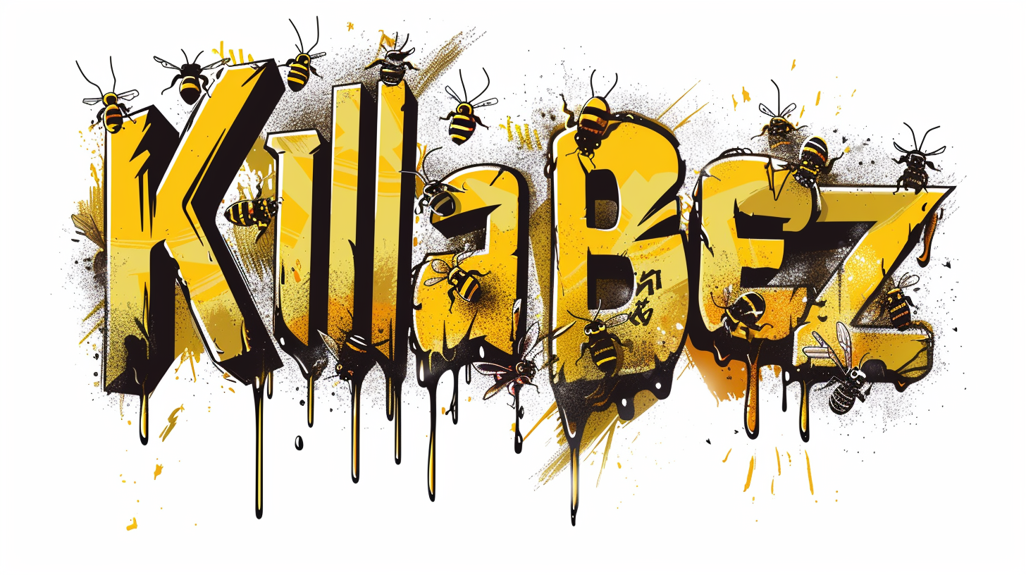 Killer bees hidden within samurai font, honey dripping.