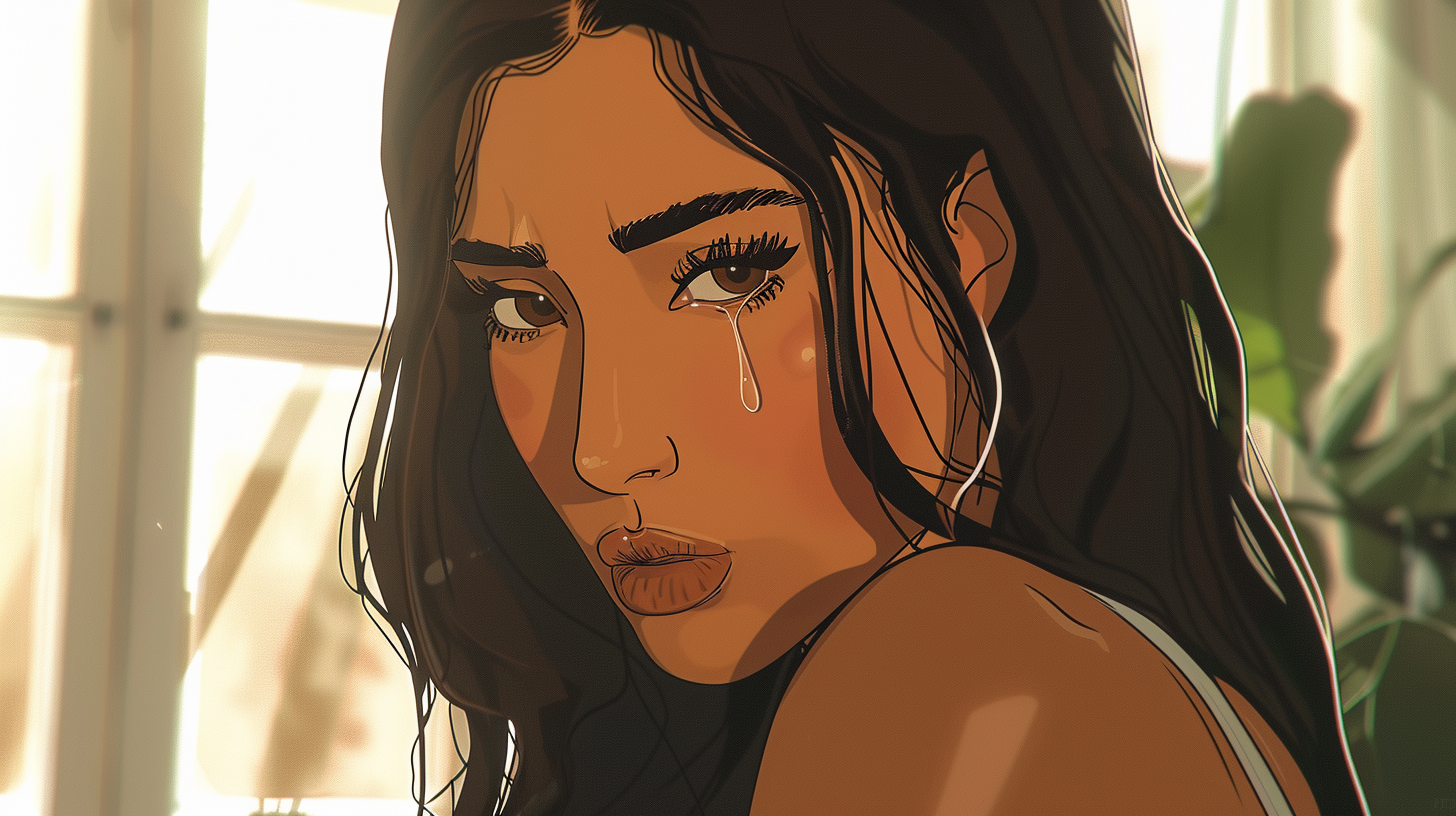 Kim Kardashian anime character recreated in sad pose.