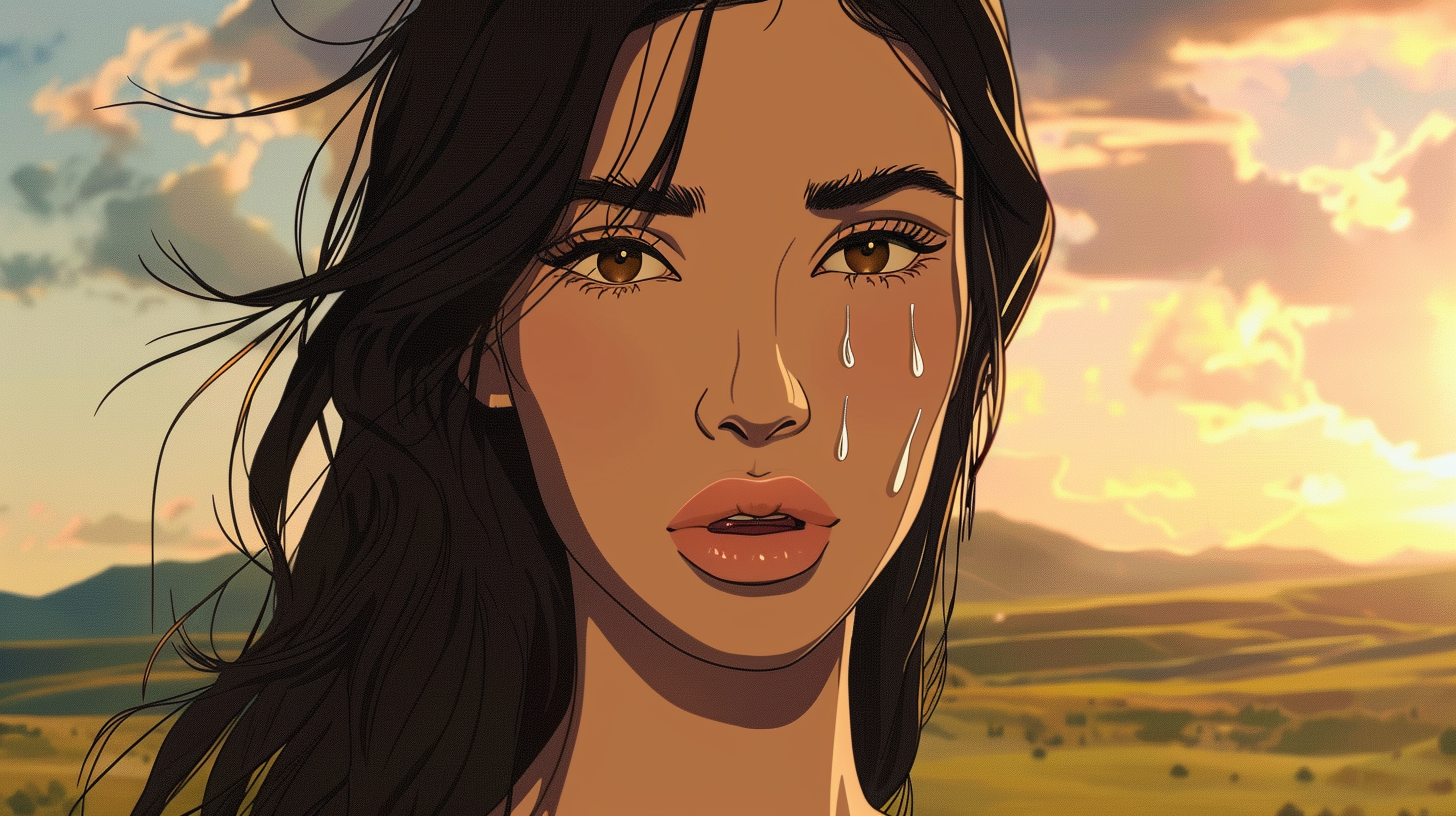 Kim Kardashian anime with sorrowful expression, peaceful background.