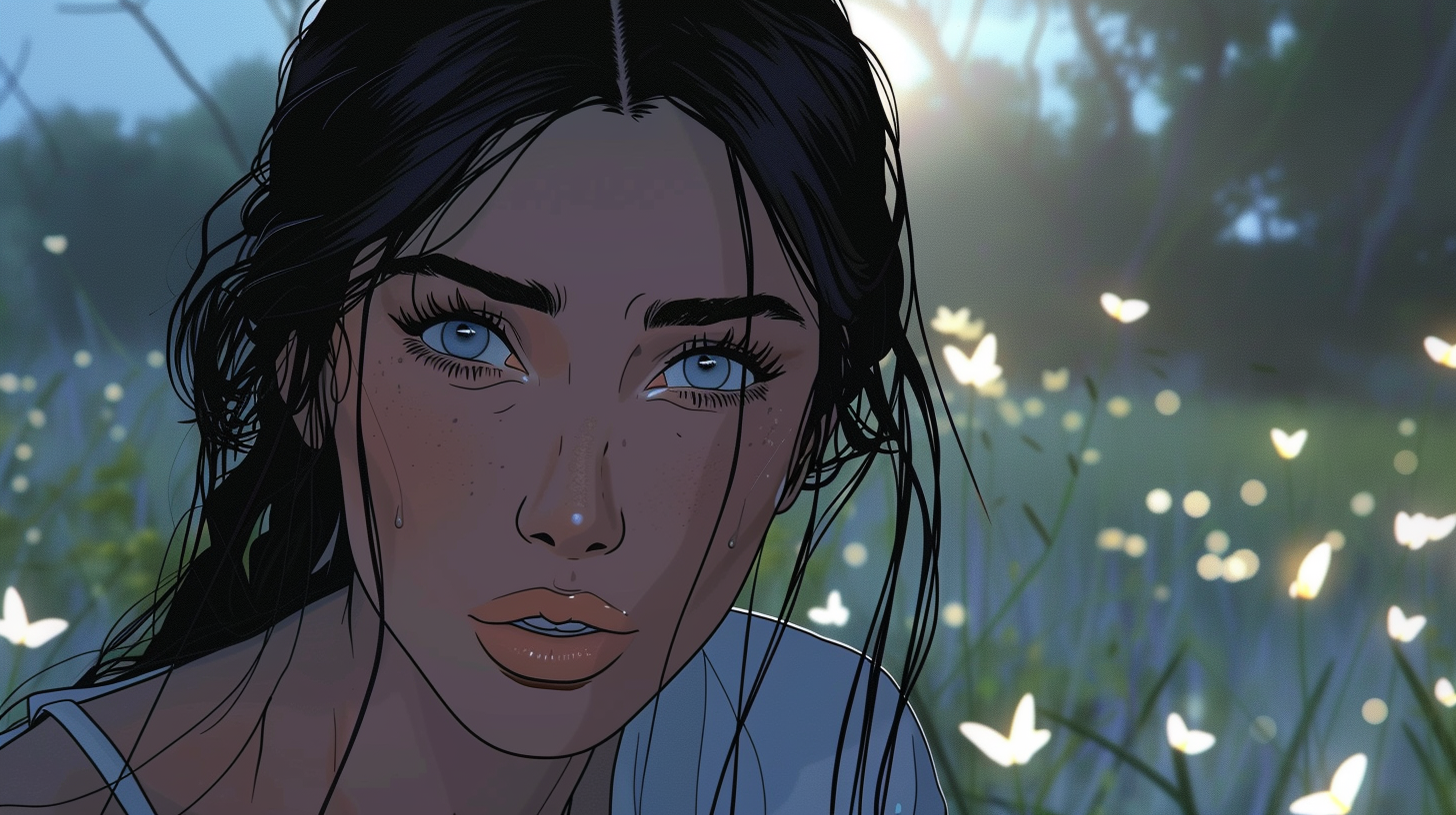 Kim Kardashian as anime character in Studio Ghibli style, upset, tranquil meadow, glowing fireflies, troubled expression.