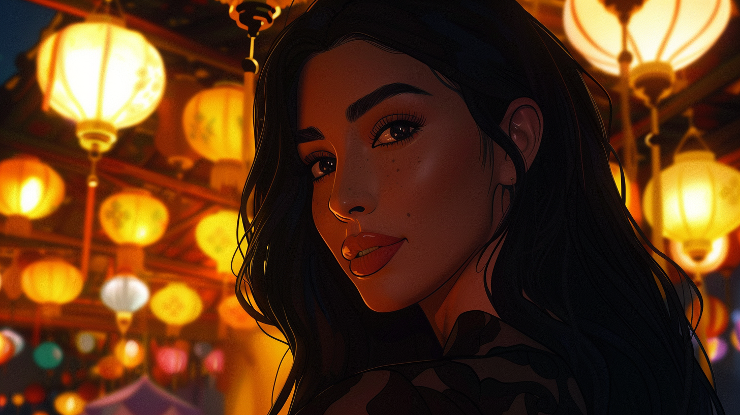 Kim Kardashian as anime character in magical market.