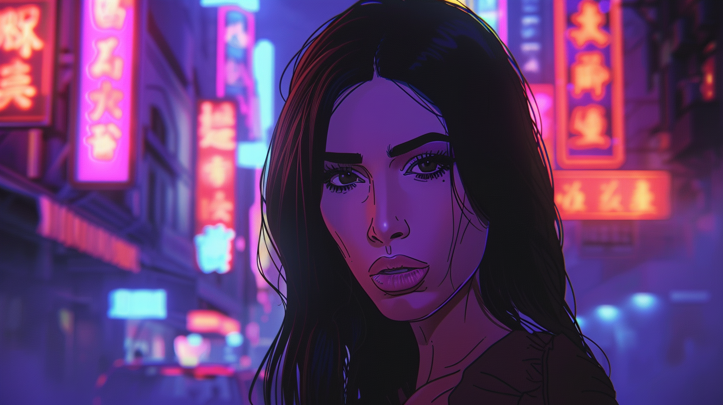 Kim Kardashian depicted as anime character with city backdrop.