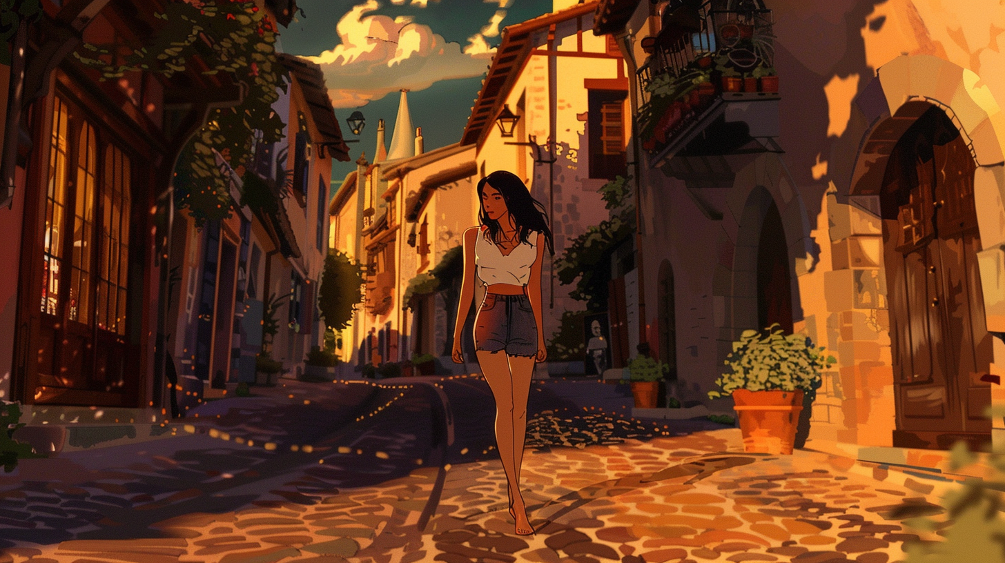 Kim Kardashian in Studio Ghibli-style village, determined look.