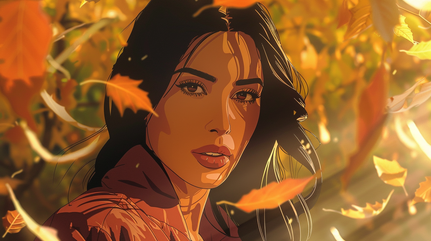 Kim Kardashian in anime portrait with autumn leaves.