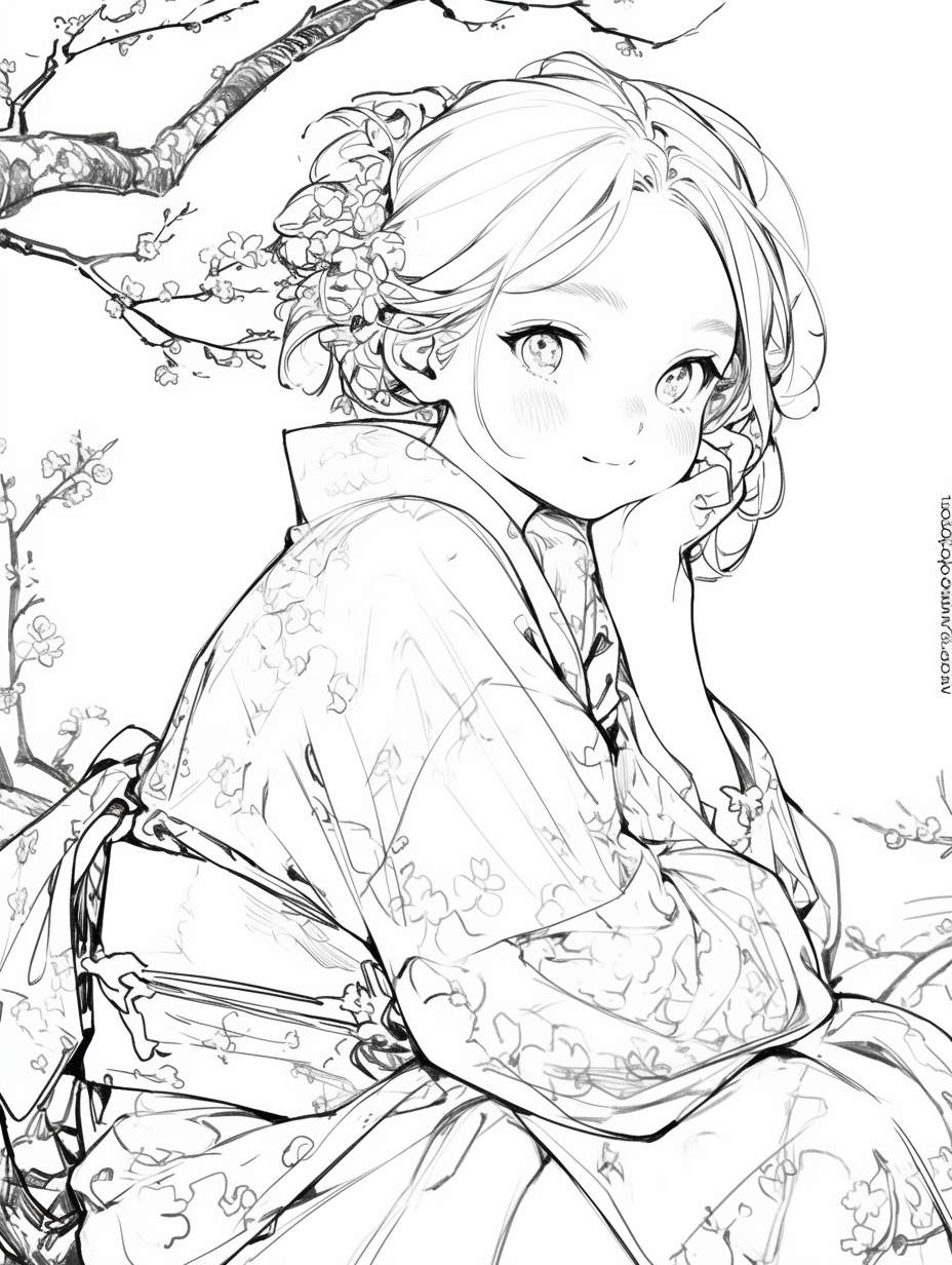 Kimono girl in coloring book with cherry blossoms.