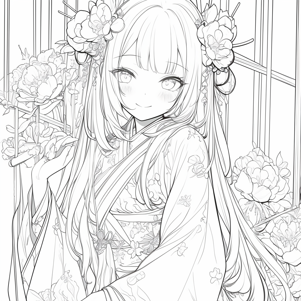 Kimono girl smiling, simple coloring book design, clear lines.