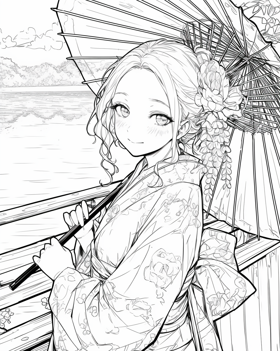 Kimono girl smiling by serene lakeside with parasol.