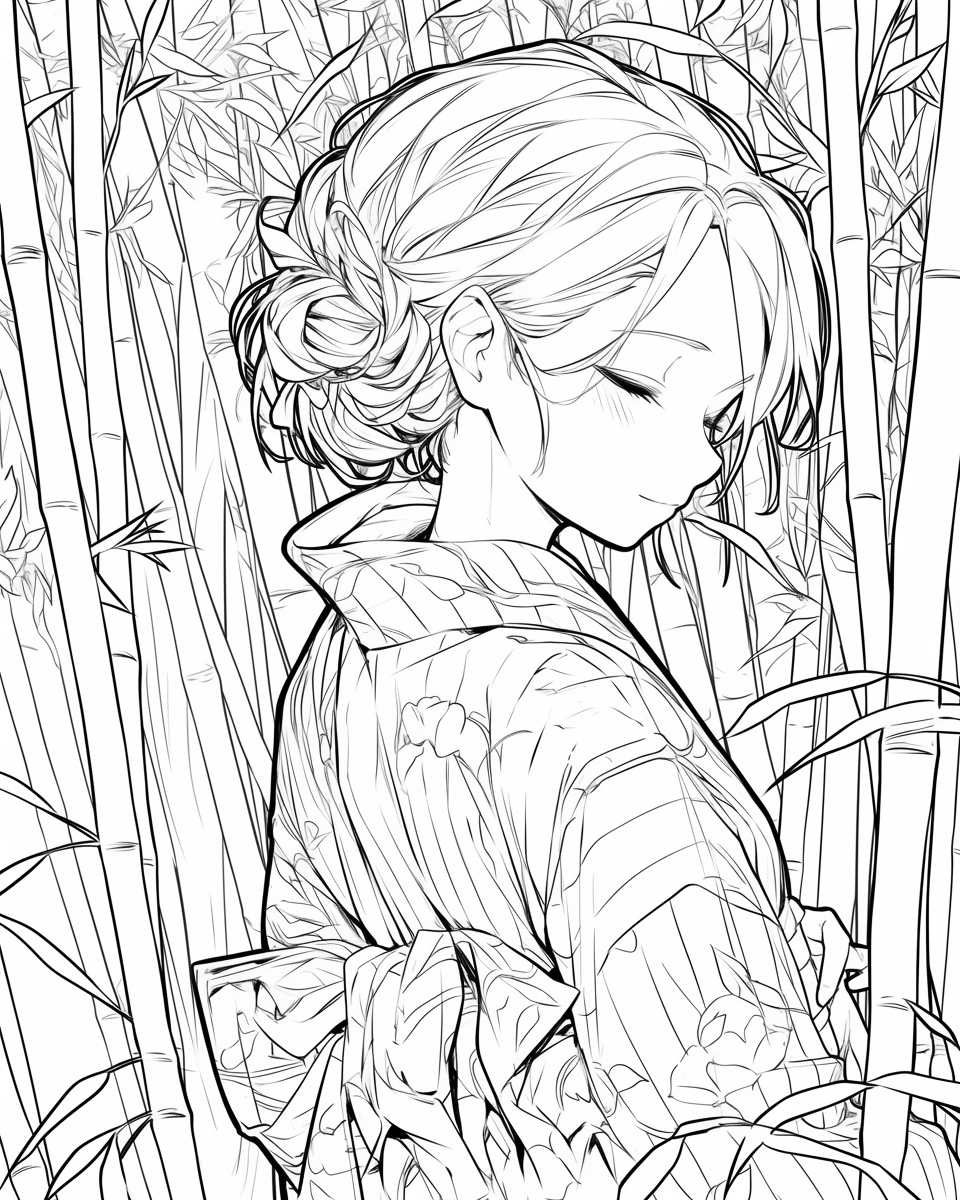 Kimono girl smiling in bamboo forest, rear view drawing.