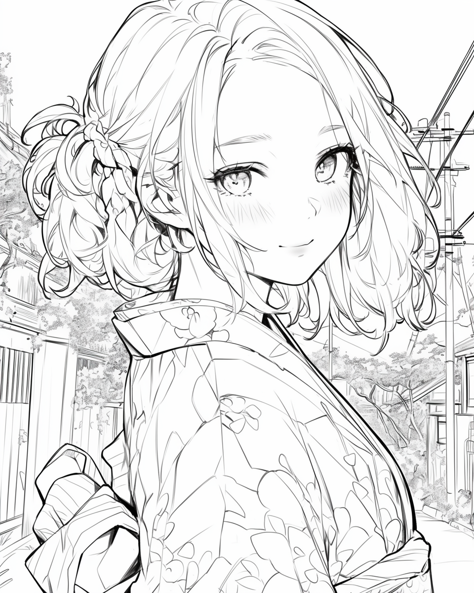 Kimono girl smiling in coloring book with thick lines.