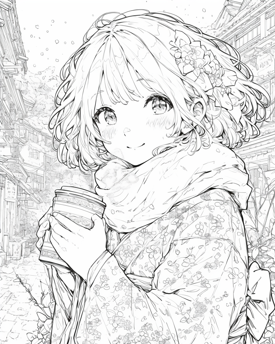 Kimono girl smiling in snowy village with tea.