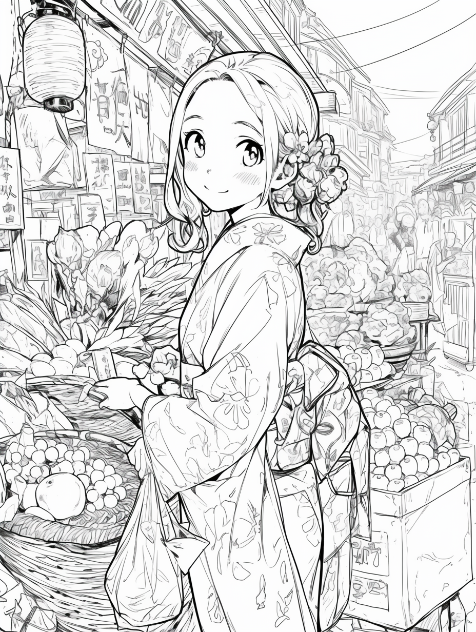 Kimono girl smiling while buying food at market.