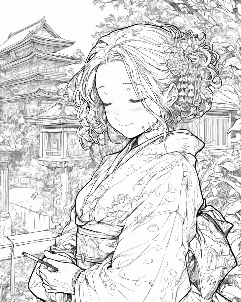 Kimono girl with a smile in coloring book style.