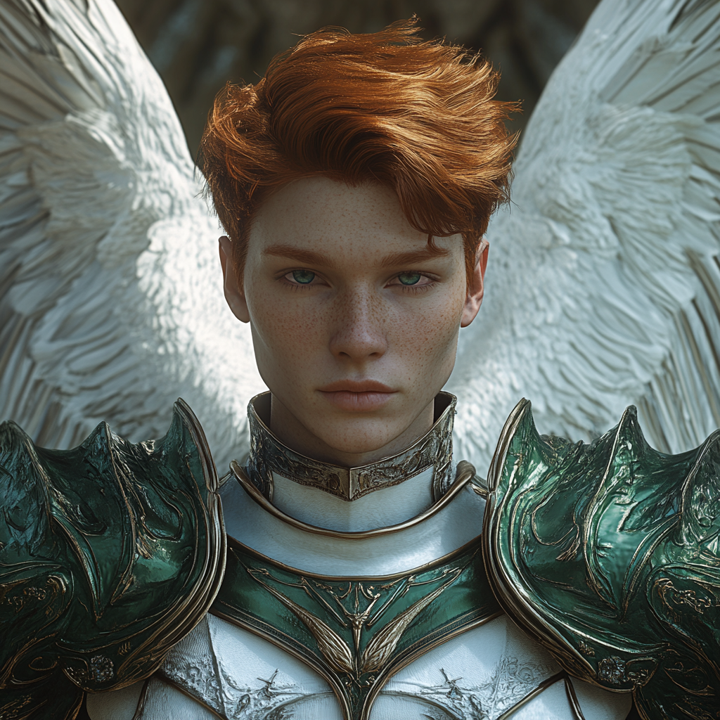 Kind, wise, powerful non-binary Archangel warrior with white wings.