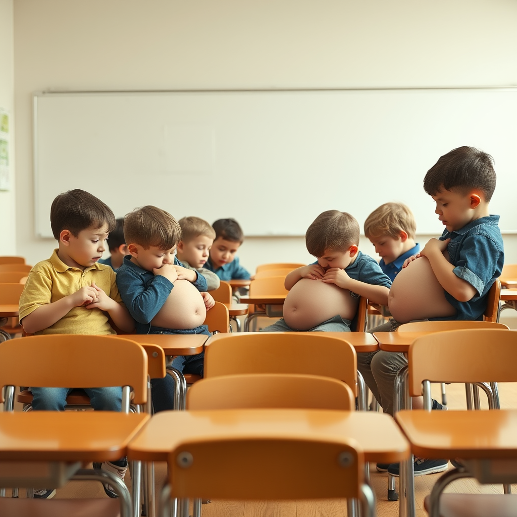 Kindergarten Boys Expanding Bellies in Classroom
