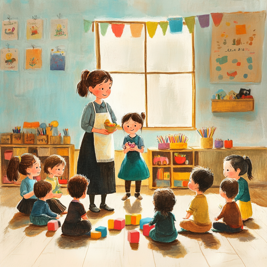 Kindergarten teacher with kids in colorful classroom setting