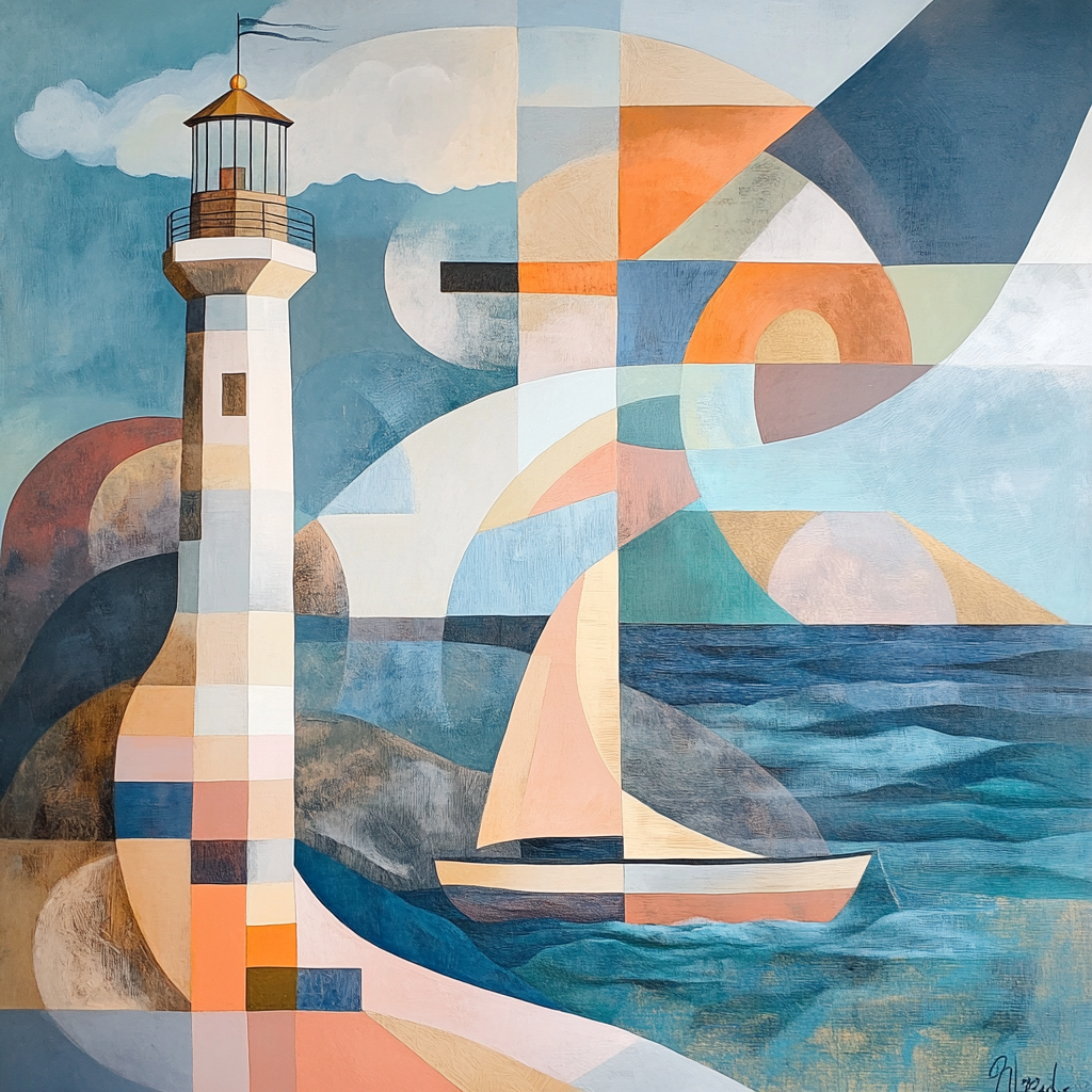 Kindred spirits and lighthouse in abstract acrylic painting.