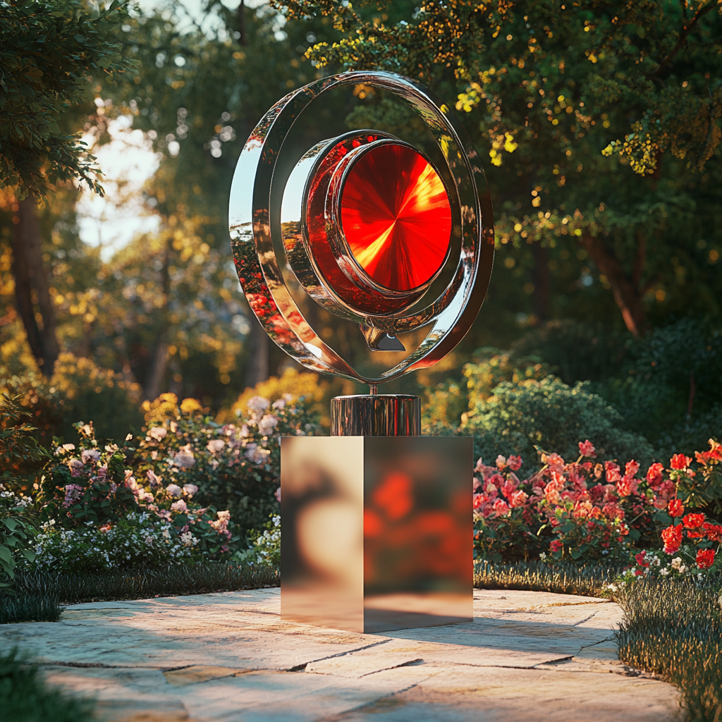 Kinetic Metal Sculpture on 100cm Pedestal in Garden