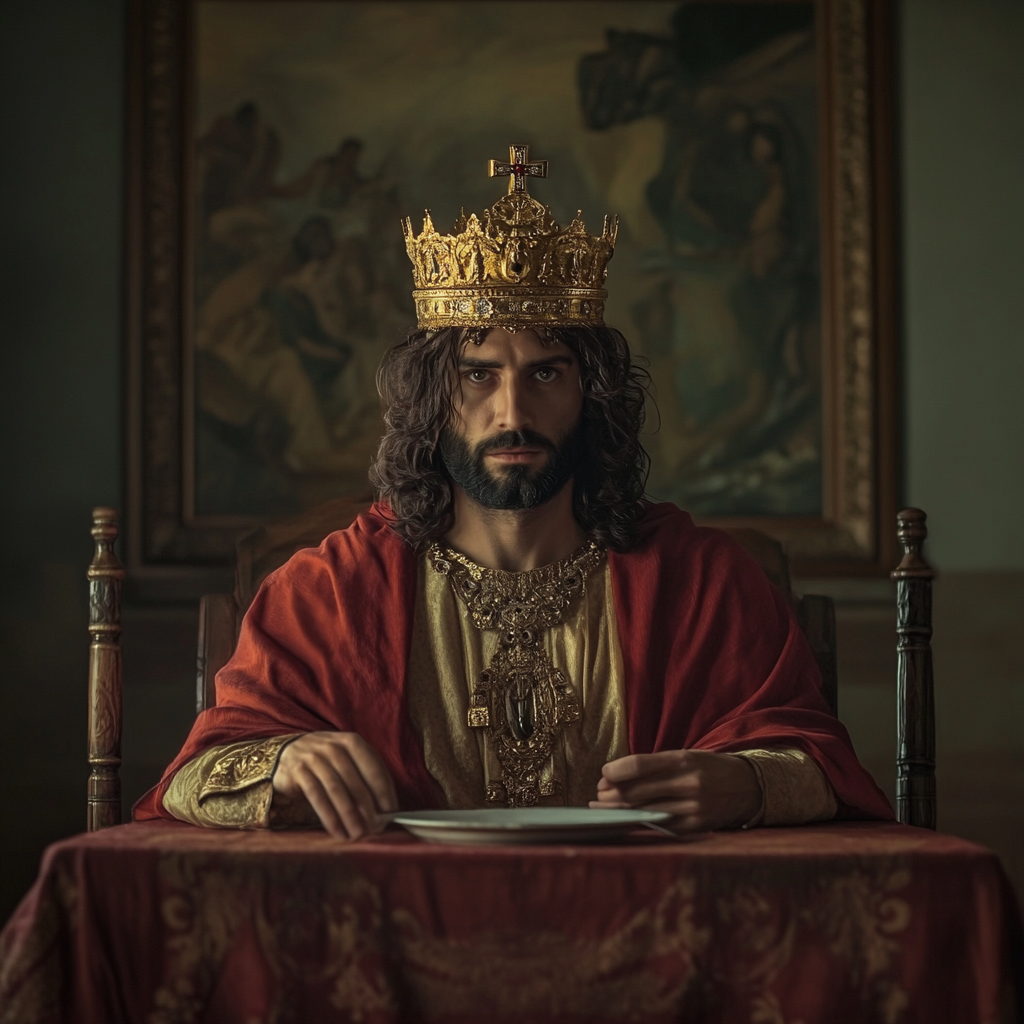 King Jesus sits at table with empty chair.