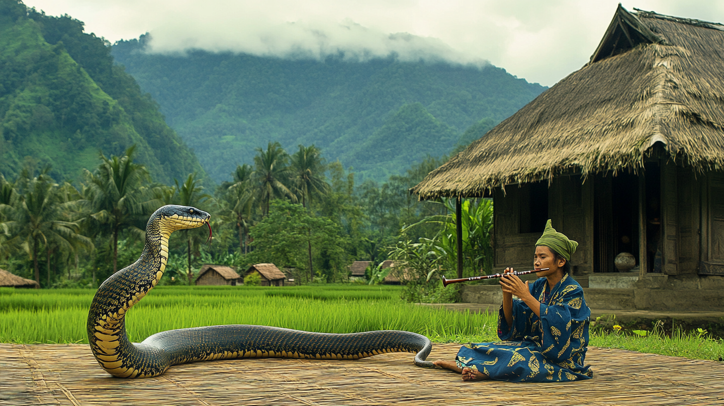 King cobra mesmerized by cat playing flute in yard