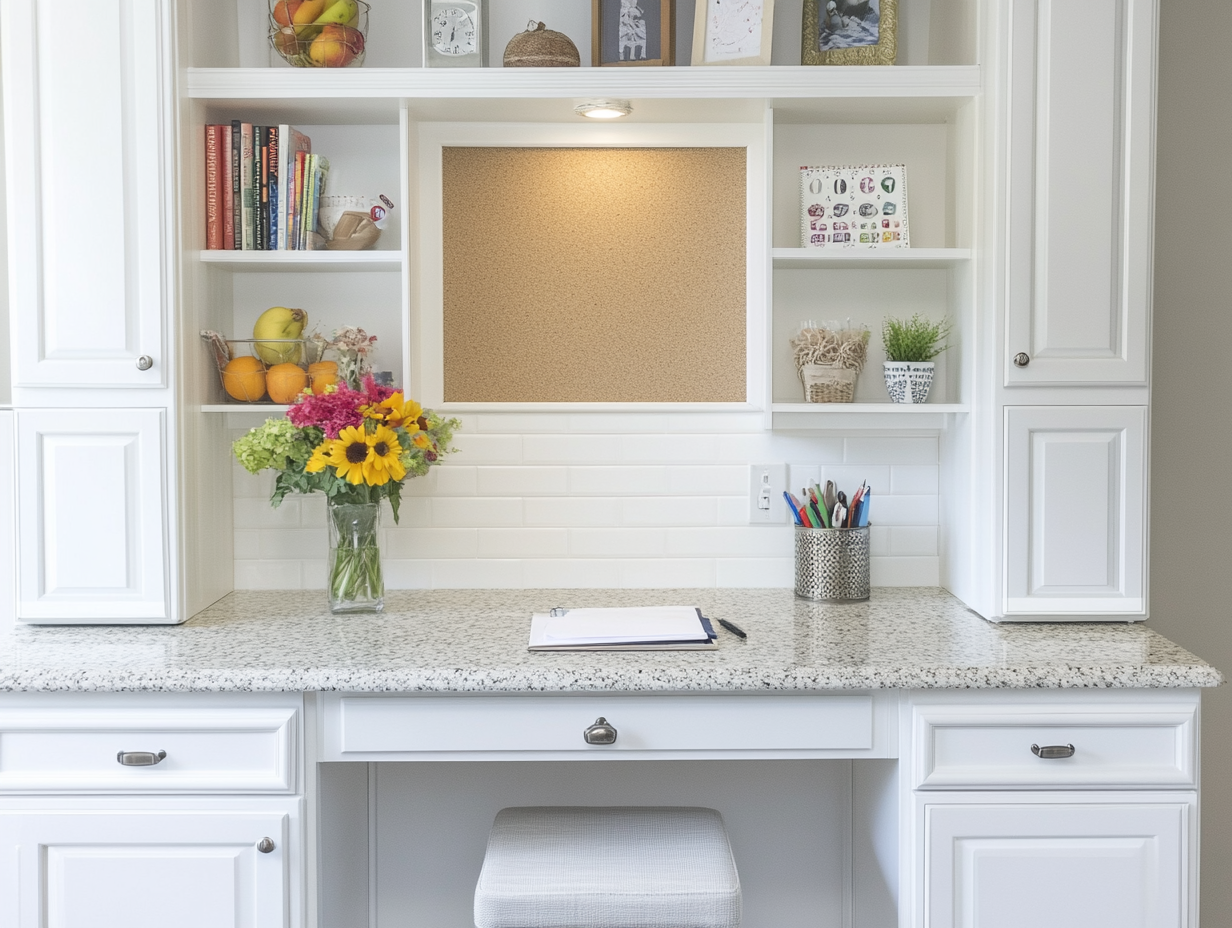 Kitchen Desk Nook with Granite Countertop and Shelving