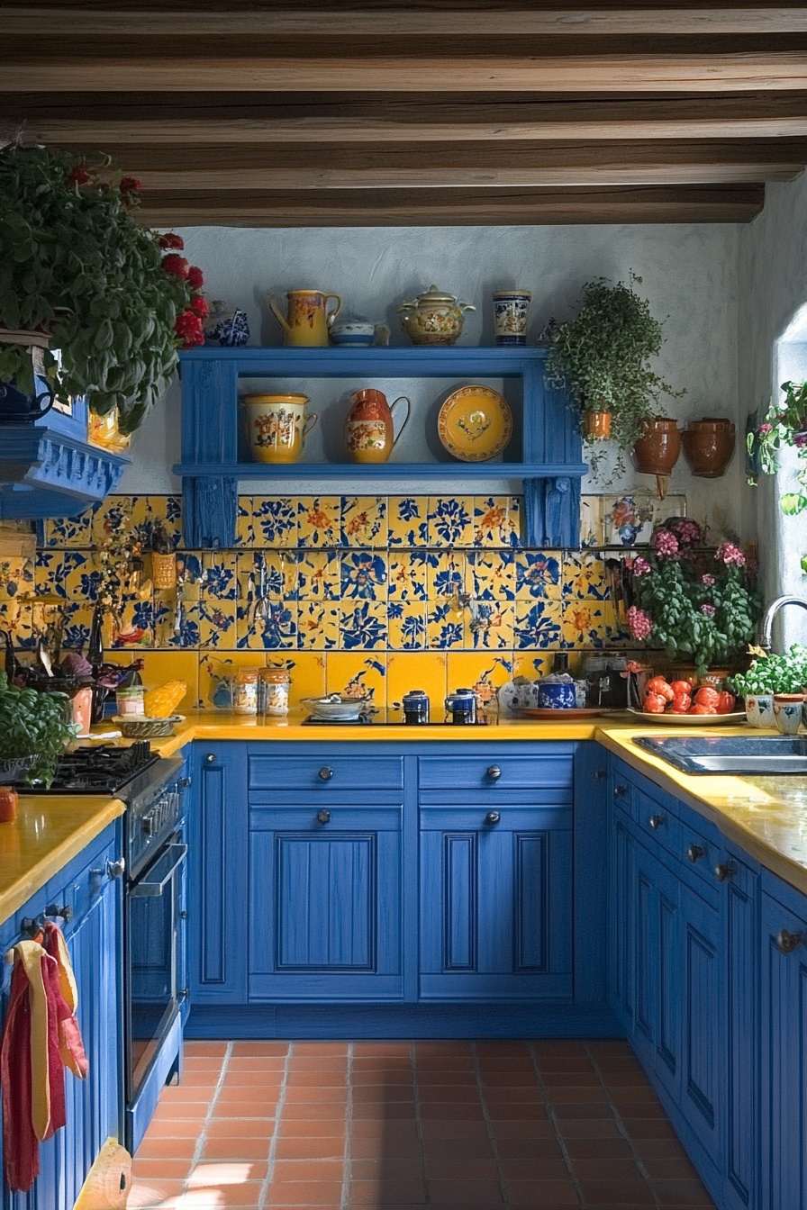 Kitchen design with vibrant Mediterranean colors and elements.