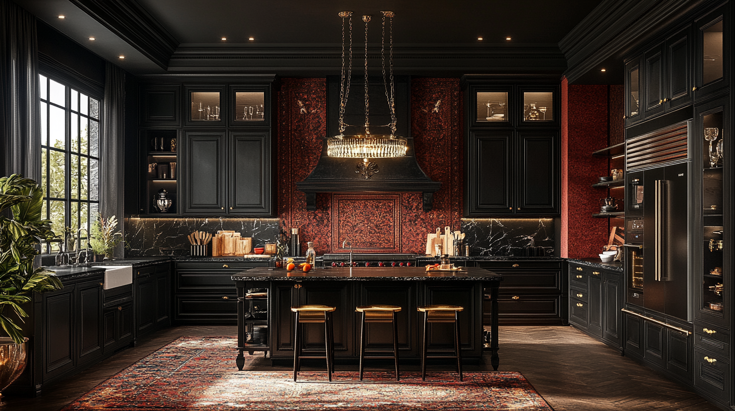 Kitchen with dark cabinets, black marble, gothic chandelier. Luxurious.