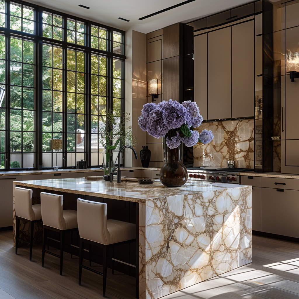 Kitchen with modern luxury, organic feel, and elegant design.