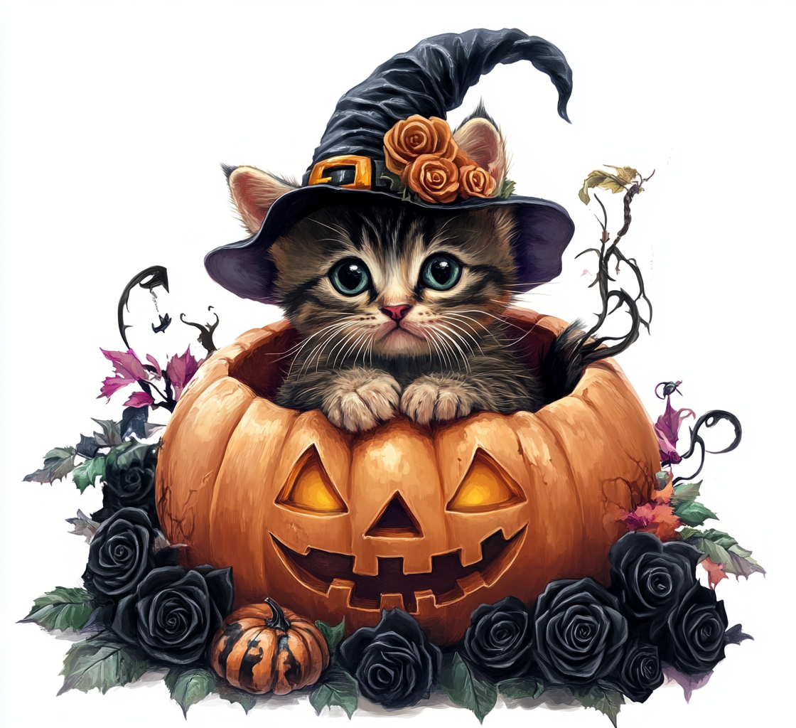 Kitten in witch hat, pumpkin, moon, black roses, Halloween.