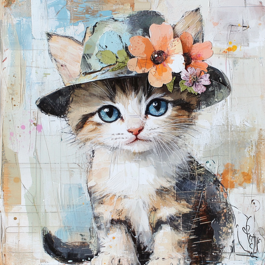 Kitten with blue eyes wearing quirky hat. Beautiful colors.