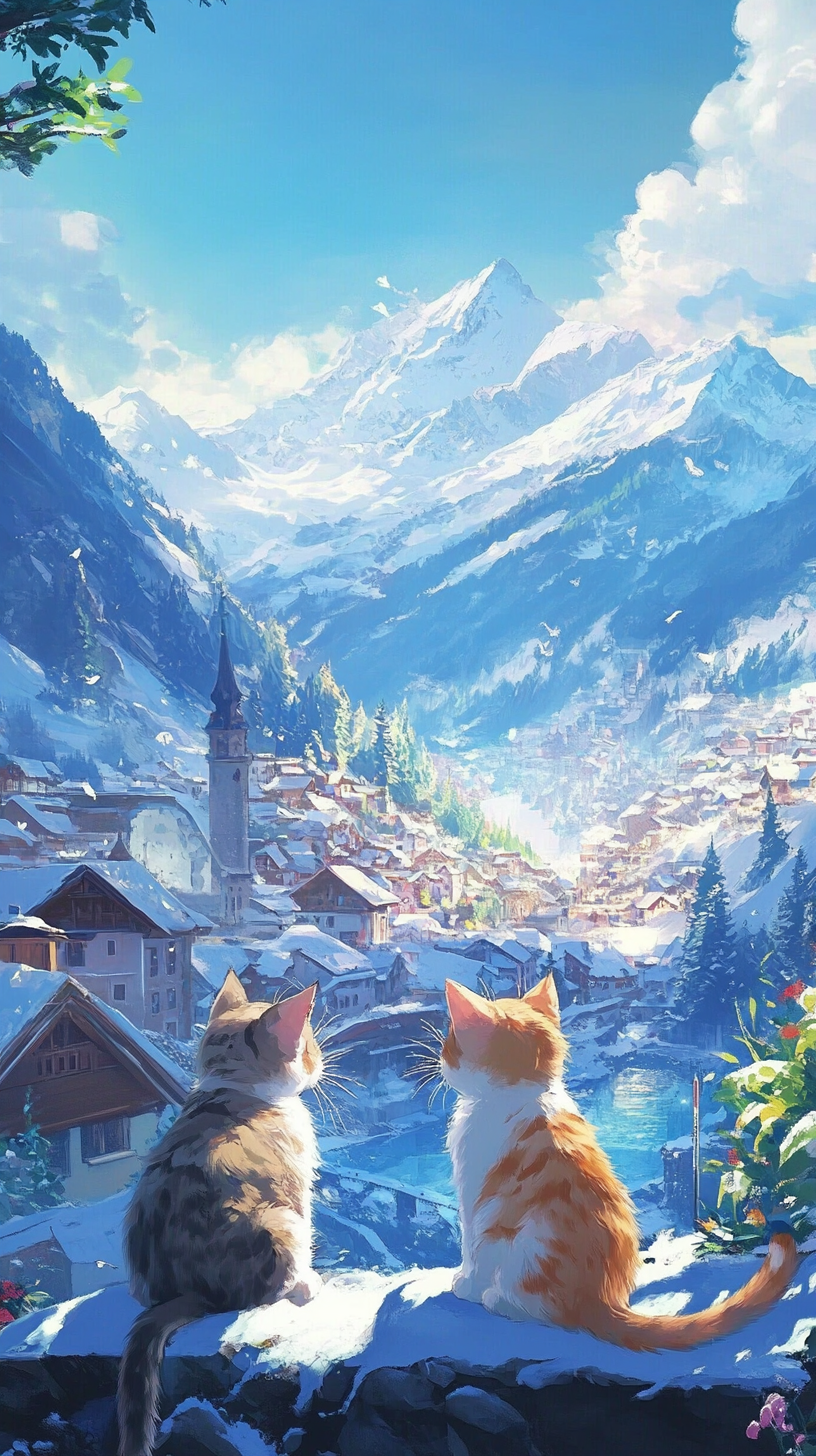 Kittens playing in Grimentz village under clear sky