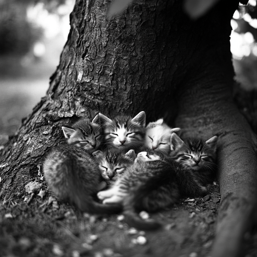 Kittens sharing crumbs under tree, dreaming of warmth