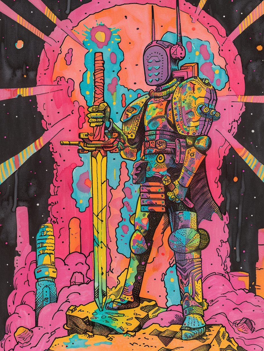 Knight Holding Laser Sword in Psychedelic Portal