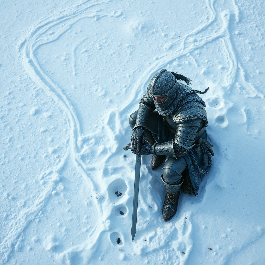 Knight Sharpening Sword in Snowy Tundra: 1970s Art