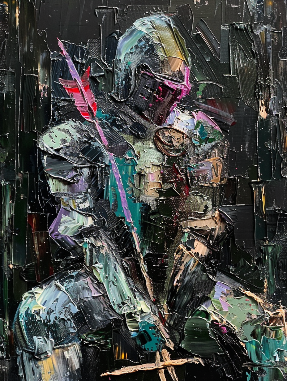 Knight defeated with arrows, painted on canvas.