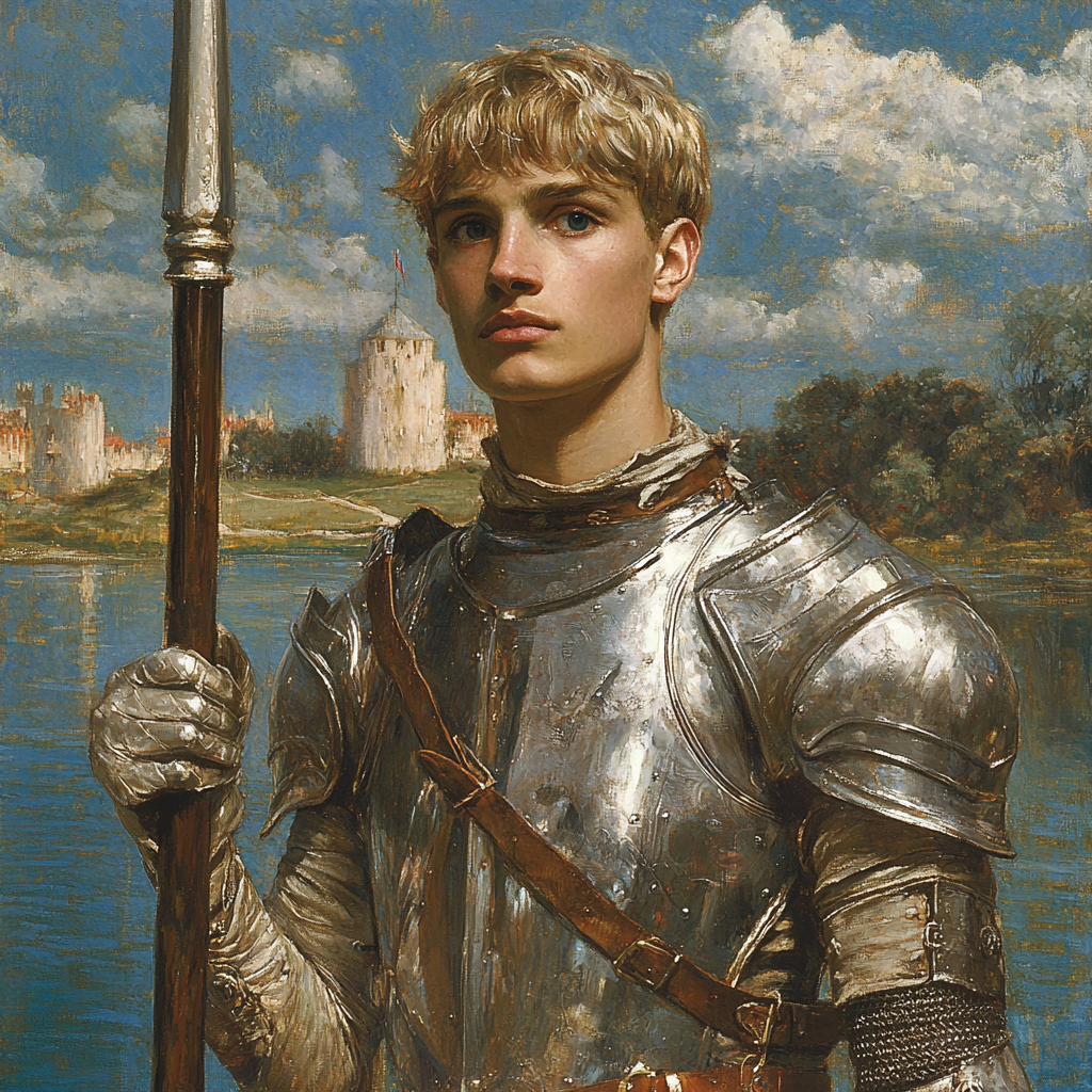 Knight in silver armor with spear, noble blonde hair.