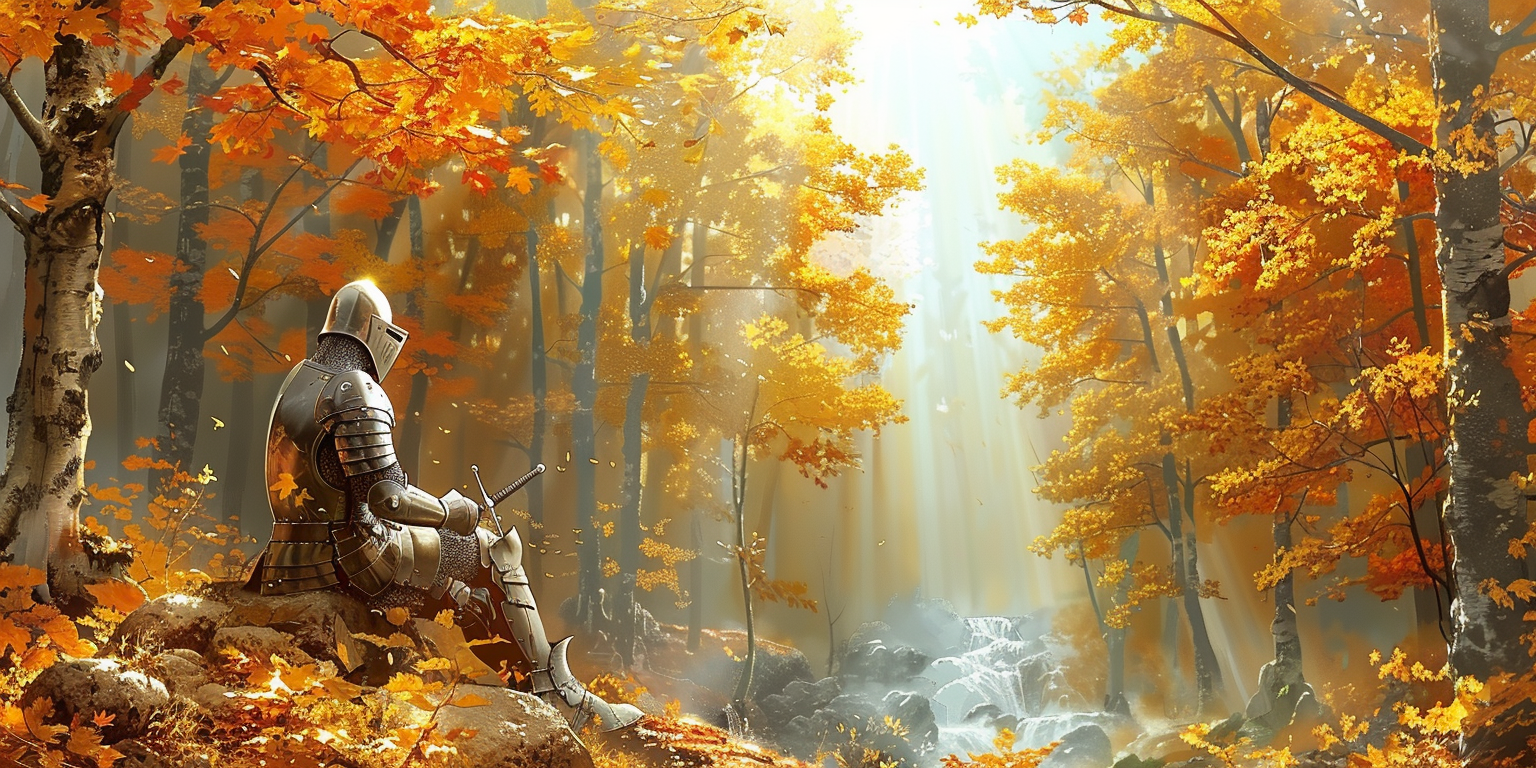 Knight rests by colorful forest stream in sunlight.