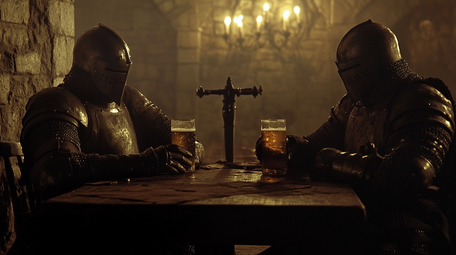 Knights drinking beer in dimly lit tavern scene.