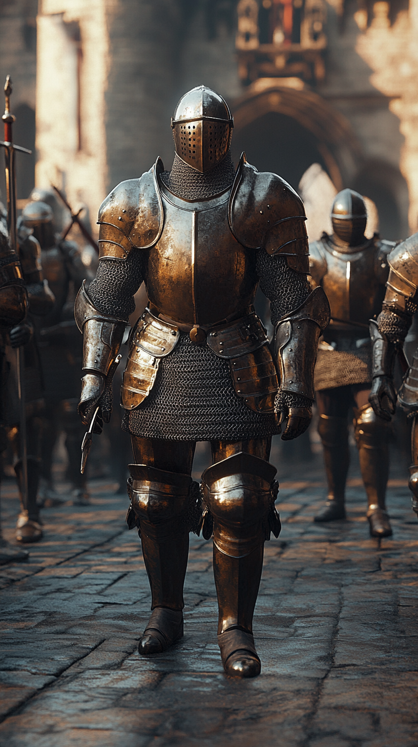 Knights in plate armor wearing full steel suits protect.