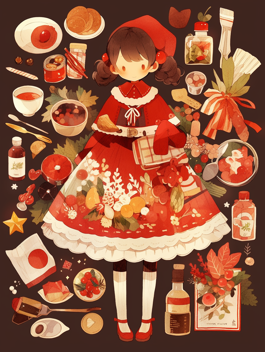 Knolling of Cute Christmas Girl and Decorations