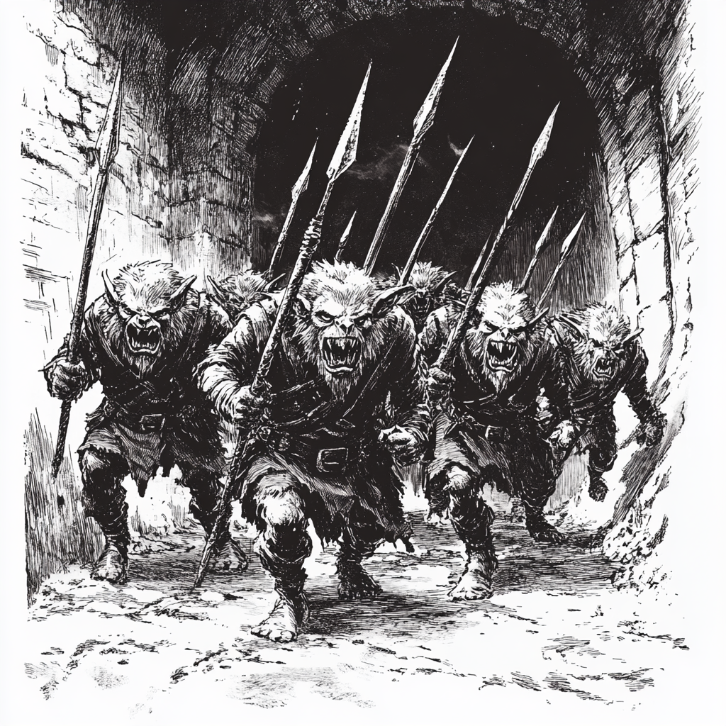 Kobold Squad with Spears in Dungeon Battle Drawing.