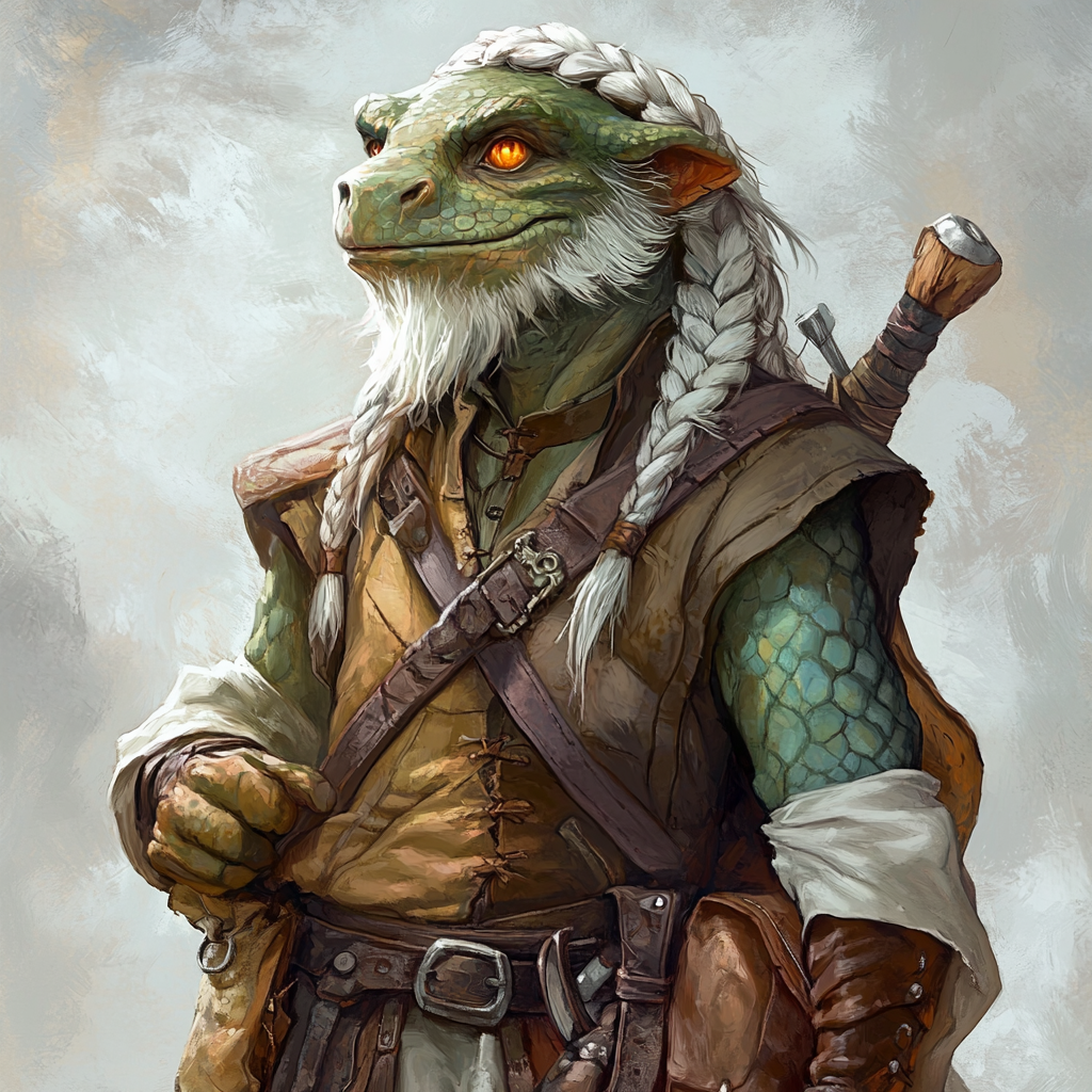 Kobold bard Rufus with green skin, gold eyes, beard.